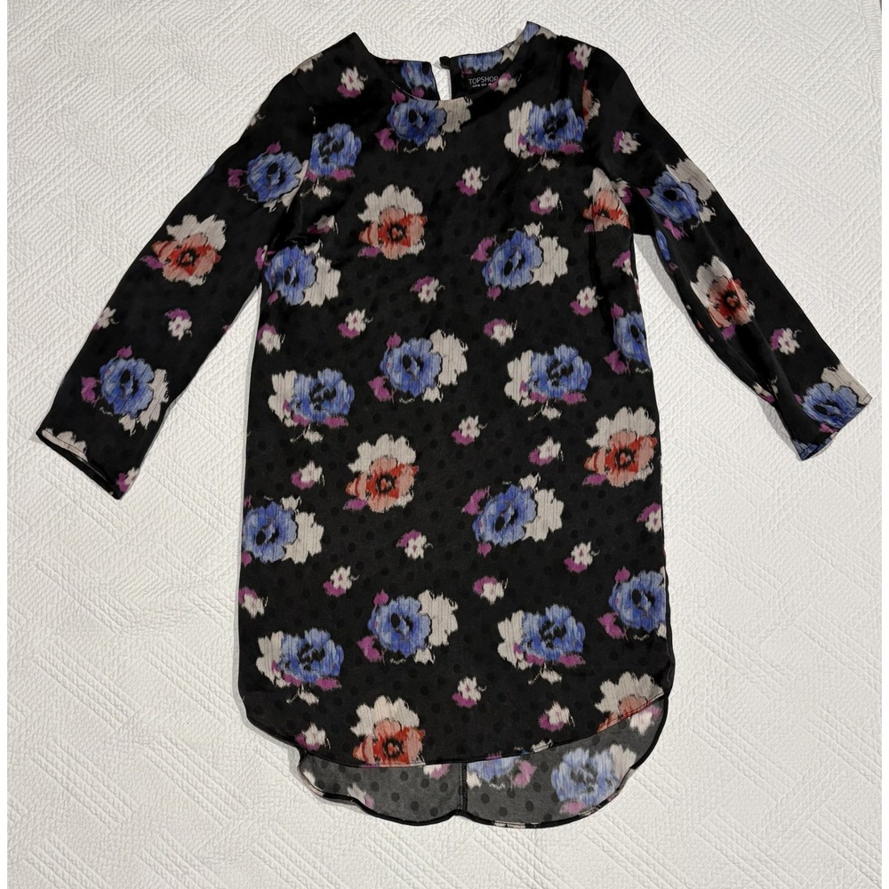 Topshop Women's Shift Dress Vibrant Floral Pattern Black Polka Dot Size 4